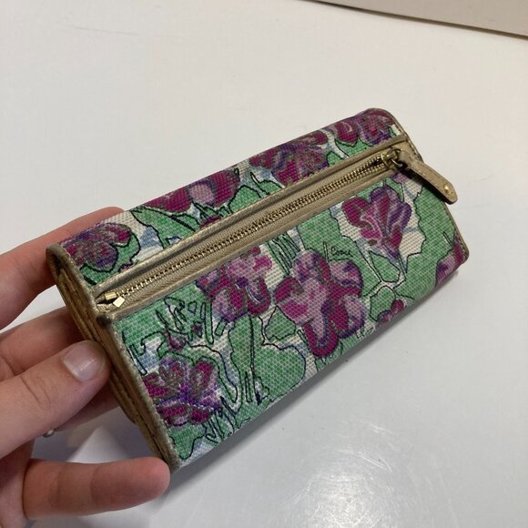 Vintage Coach Rare Ashley Floral Iris Tri-Fold Wallet Canvas and Leather Gold - Picture 4 of 12